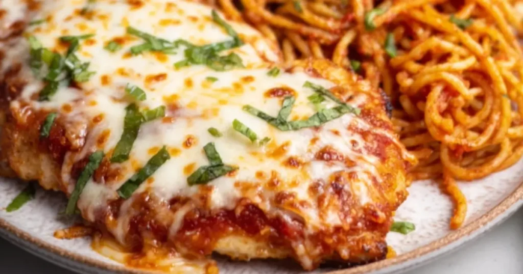 Baked chicken parmesan topped with melted mozzarella and fresh basil, served with spaghetti.
