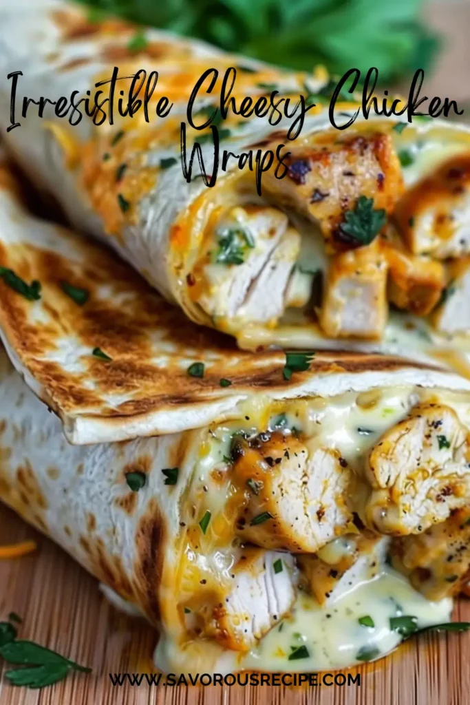 : Grilled chicken wrap stuffed with melted cheese and drizzled with garlic sauce.