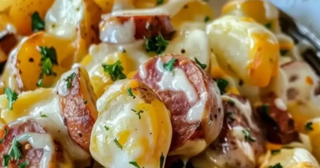 Cheesy ranch potatoes with smoked beef sausage slices topped with melted cheese and herbs.