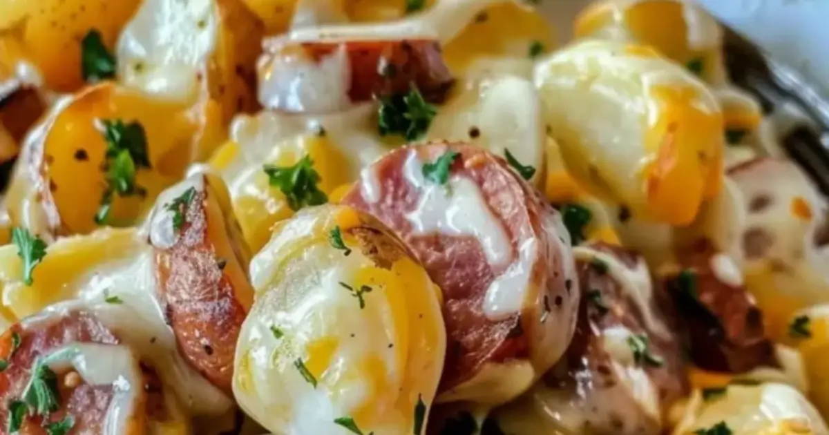Cheesy ranch potatoes with smoked beef sausage slices topped with melted cheese and herbs.