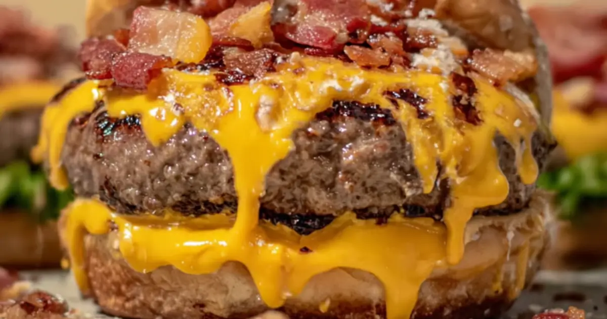 Juicy cheeseburger topped with crispy bacon and melted cheddar cheese.
