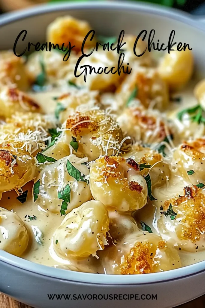 Cheesy chicken gnocchi in creamy sauce with bacon and herbs.