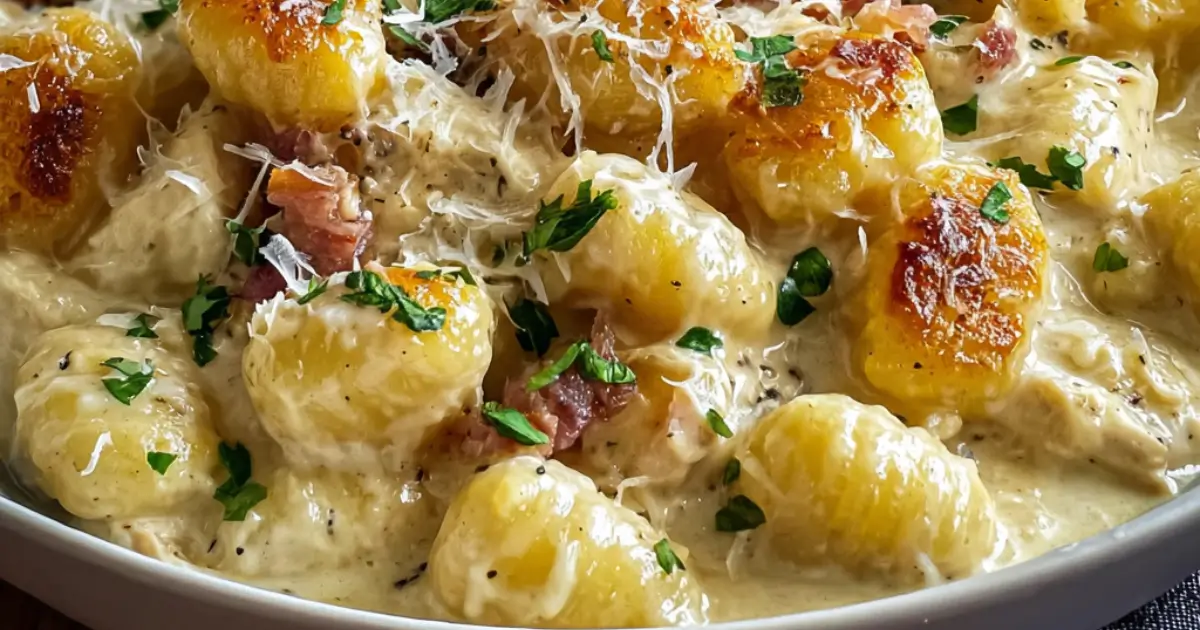 Creamy chicken gnocchi with melted cheese, crispy bacon, and fresh herbs.