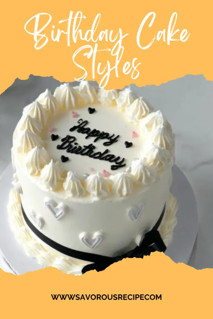 white birthday cake with whipped cream frosting, heart decorations and black ribbon on Pinterest pin design