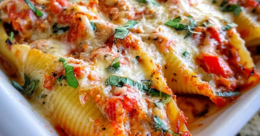 Baked stuffed pasta shells with melted cheese, tomato sauce, and fresh herbs.