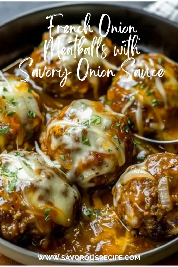 Juicy beef meatballs simmered in golden caramelized onion sauce, topped with melted Gruyère cheese and fresh thyme in a skillet.