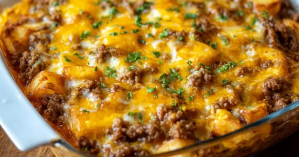 Cheesy hobo casserole served hot with layers of ground beef, potatoes, corn, and creamy mushroom sauce, topped with fresh parsley.
