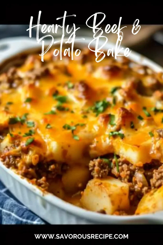 Golden baked hobo casserole with layers of ground beef, sliced potatoes, corn, and melted cheddar cheese in a casserole dish.