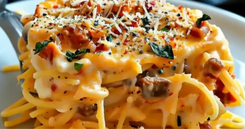 Cheesy baked chicken spaghetti casserole topped with herbs and spices.