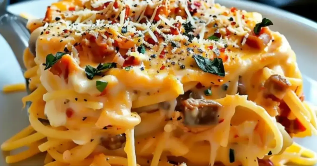 Cheesy baked chicken spaghetti casserole topped with herbs and spices.