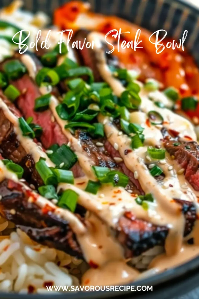 Grilled Korean BBQ steak served over rice with spicy sauce and fresh toppings.