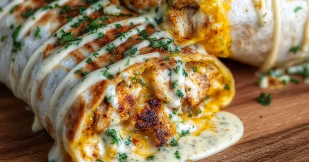 Cheesy garlic chicken wrap cut in half, filled with melted cheese and juicy chicken, drizzled with creamy sauce.