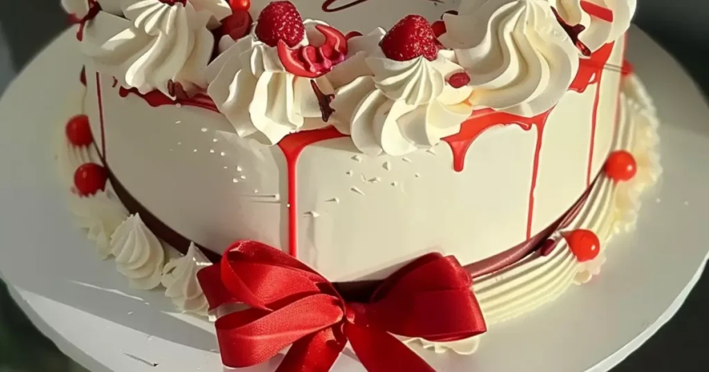 Pretty 19th birthday cake with white frosting, red accents, and ribbon bow.