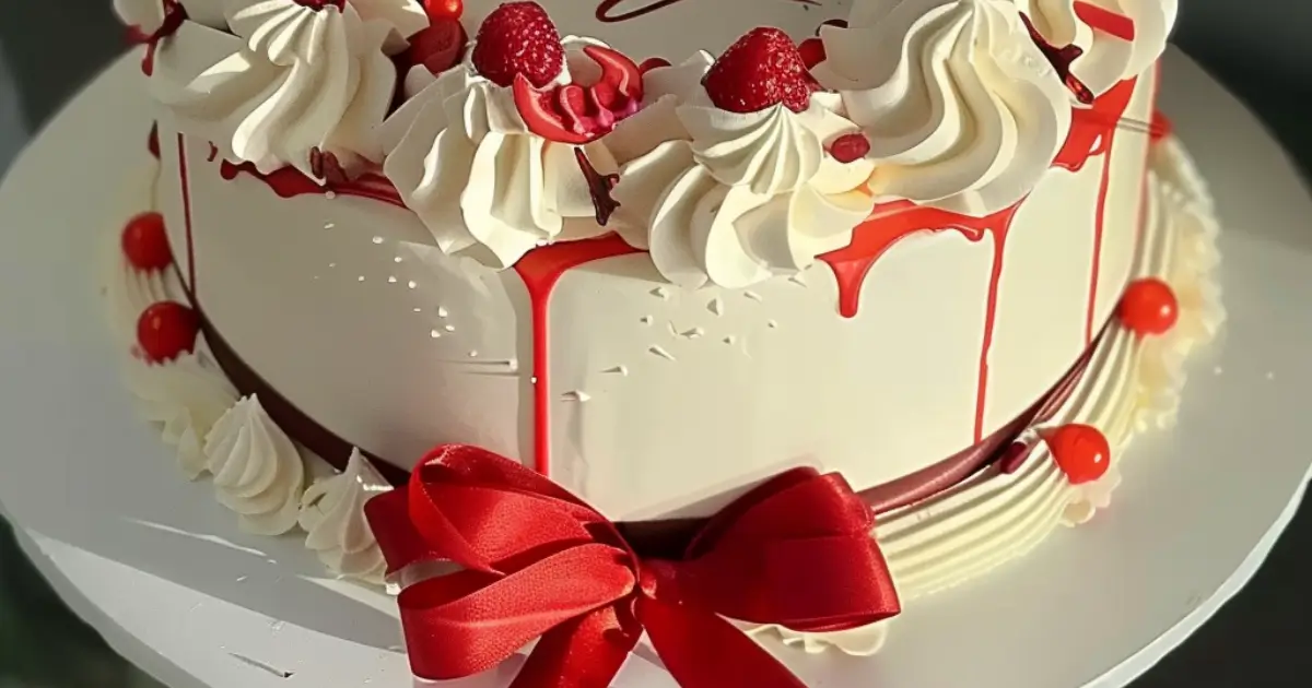 Pretty 19th birthday cake with white frosting, red accents, and ribbon bow.