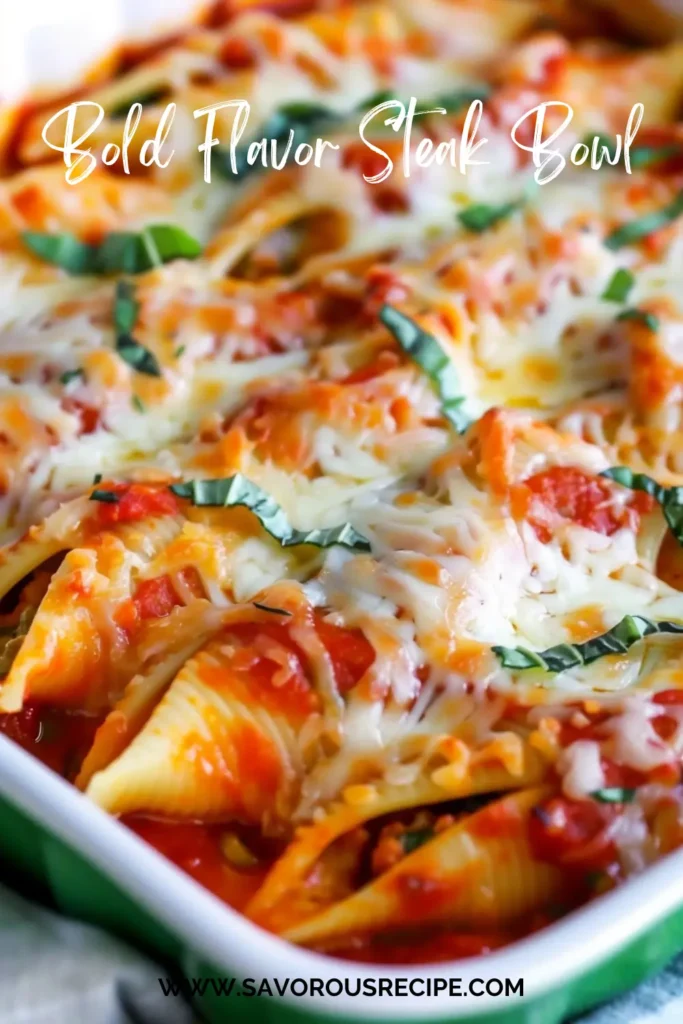 : Cheesy stuffed pasta shells baked with tomato sauce and herbs.