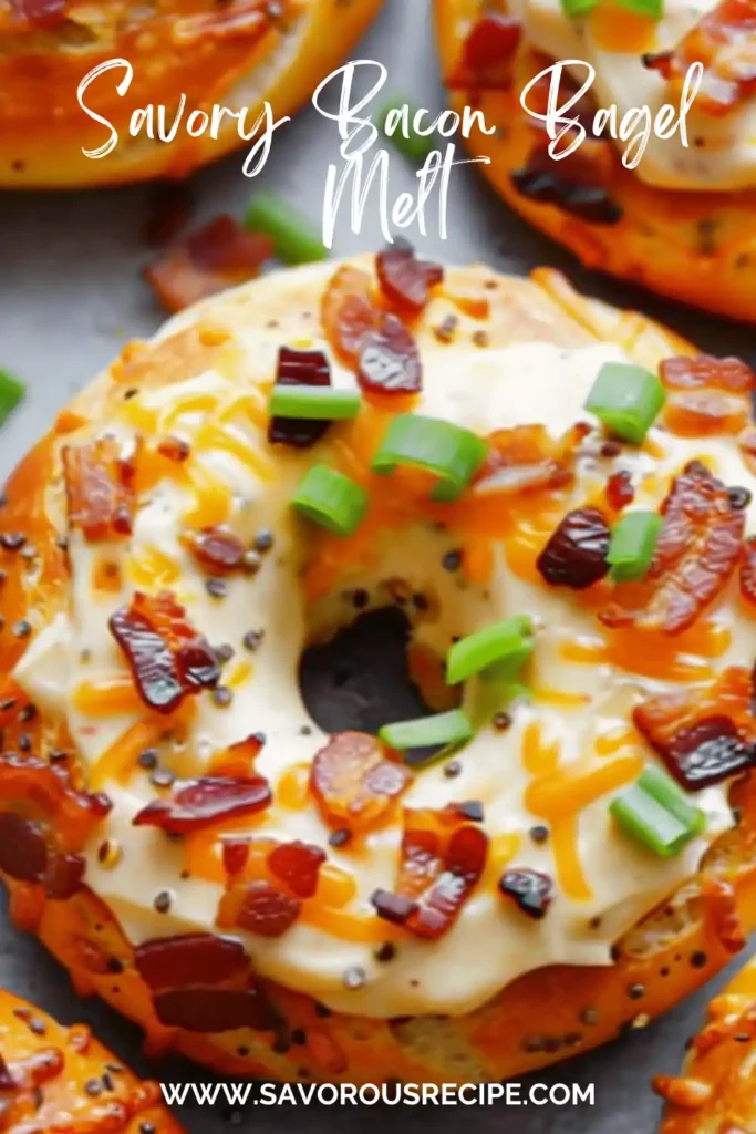 savory bacon bagel melt with melted cheese, cream topping, crispy bacon pieces, and green onions