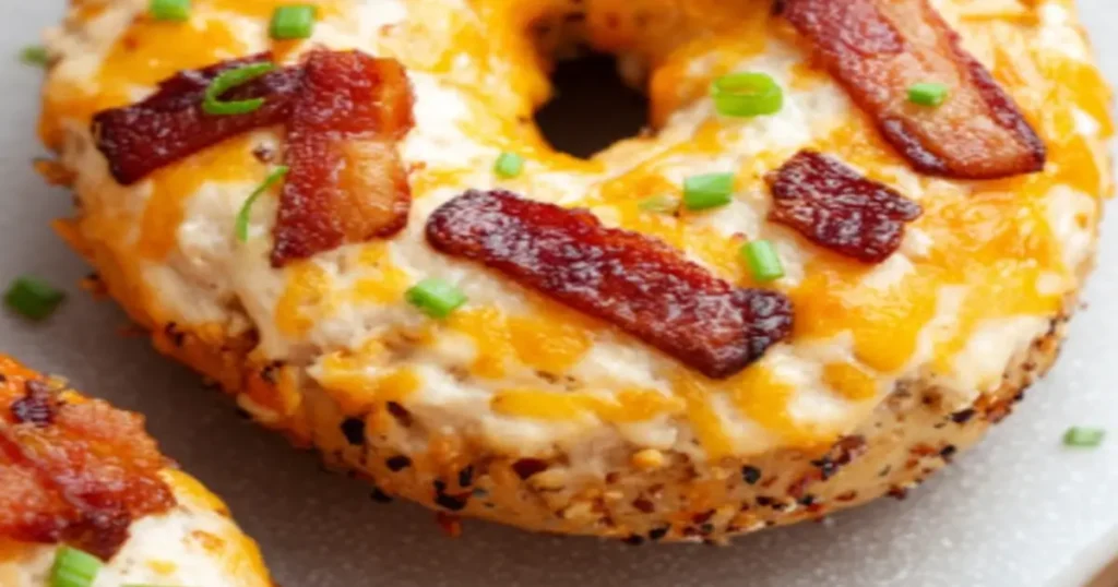 close-up of savory bacon bagel melt with melted cheddar cheese, crispy bacon, and fresh green onions