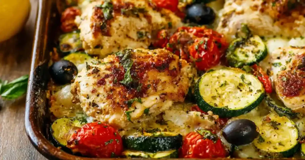 baked chicken with zucchini, cherry tomatoes, and black olives in a sheet pan
