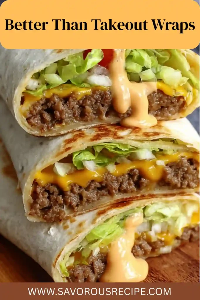 close-up of ground beef and cheese wraps filled with lettuce and sauce, sliced in half on wooden board