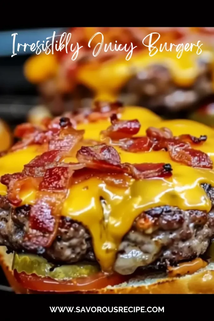Thick beef burger with melted cheese and bacon pieces.