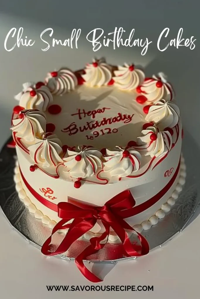 Elegant birthday cake with white cream swirls and red decorations.