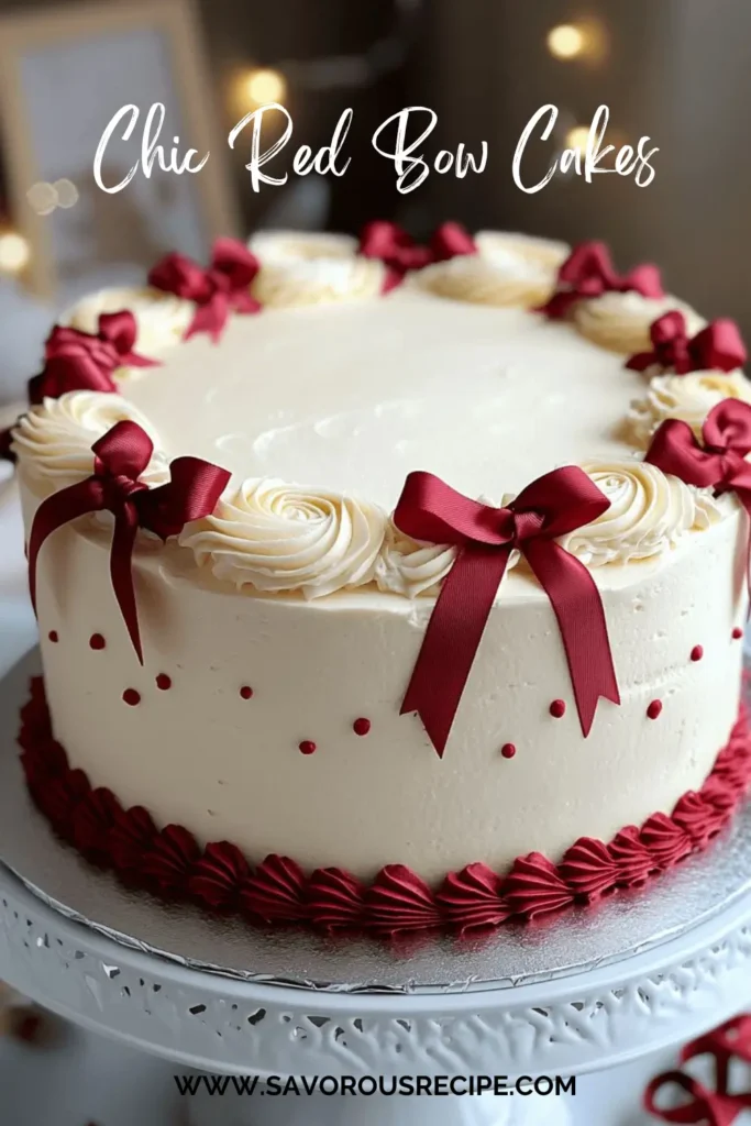 White frosted birthday cake with red bows and rosette accents.