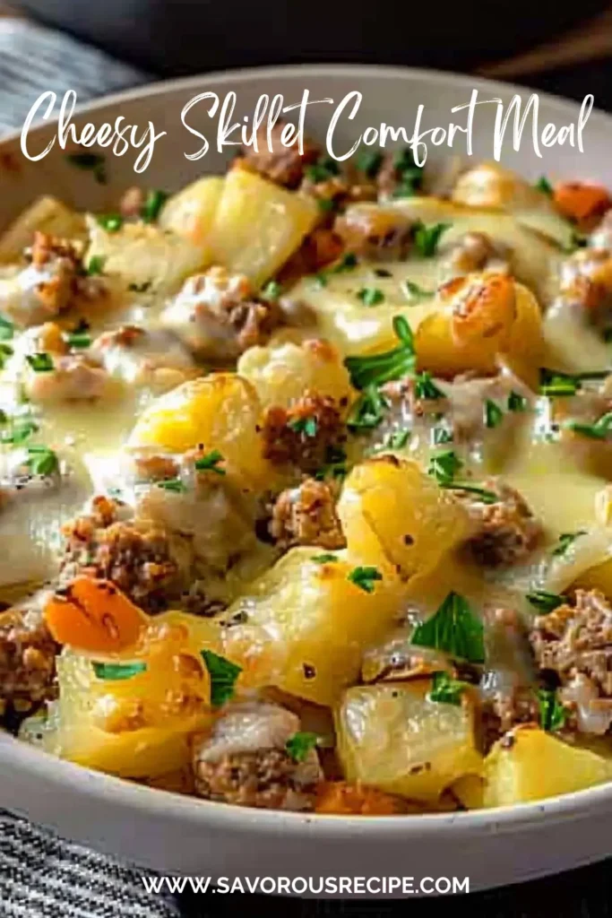 Skillet of cheesy potatoes with ground beef and green onion garnish.