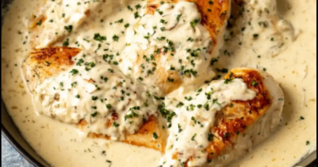 cheesy baked chicken in creamy sauce topped with herbs