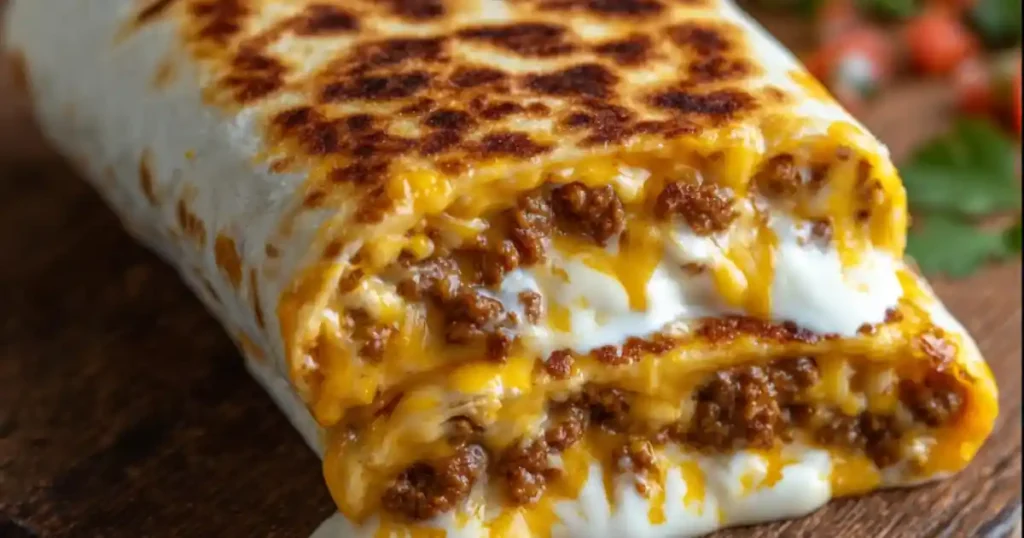 Grilled beef and cheese wrap bursting with seasoned ground beef, melted cheddar, and sour cream on a wooden board.