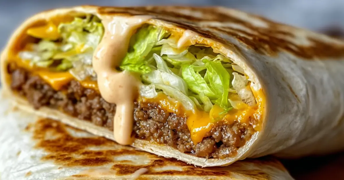 grilled beef wrap sliced open showing melted cheese, lettuce, and creamy sauce in a soft tortilla