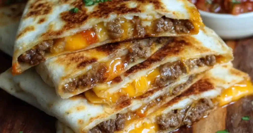 Melty cheesy burger quesadilla slices stacked with ground beef and cheddar, served on a wooden board.