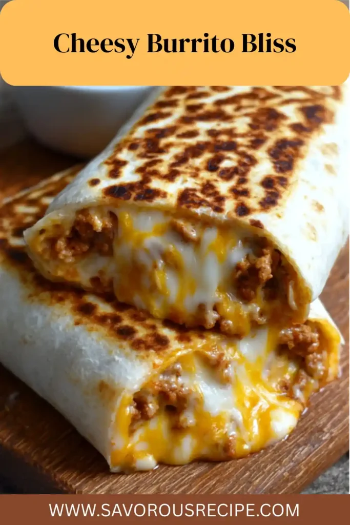 Melty cheesy burrito cut open, showing seasoned ground beef and gooey cheddar on a wooden board.