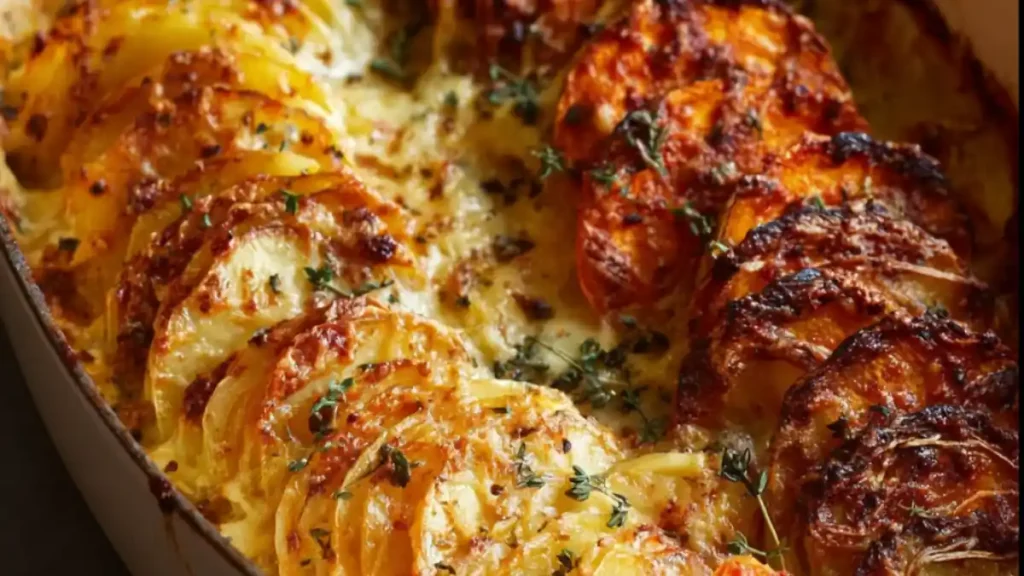 golden baked cheesy potato and sweet potato gratin layered in a casserole with herbs
