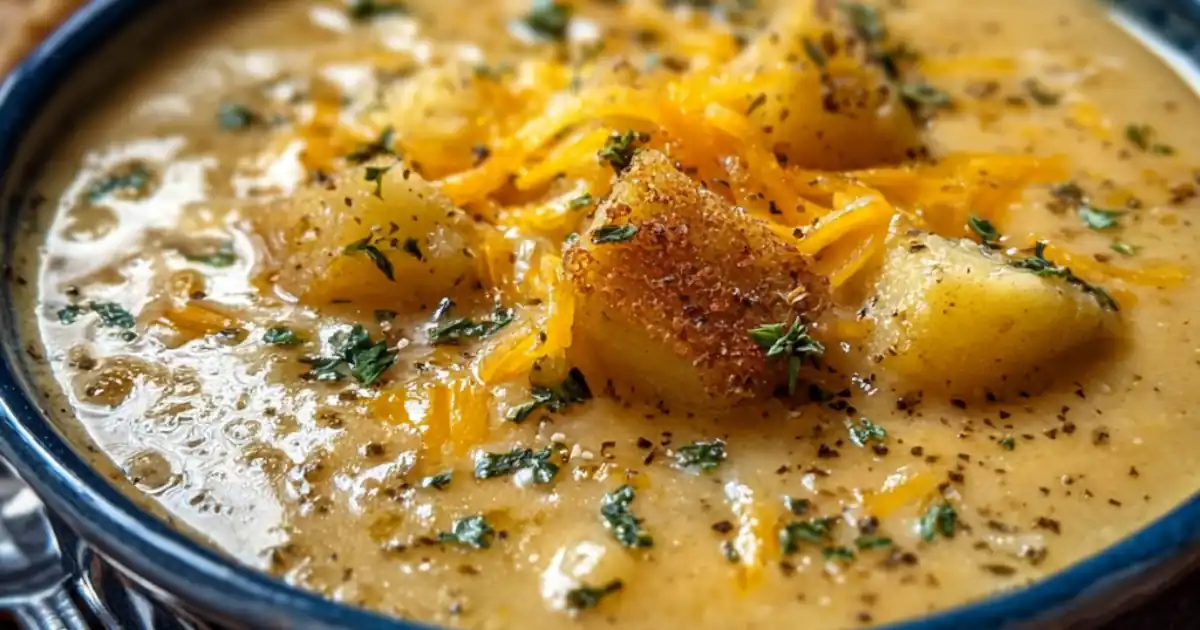 creamy cheesy potato soup with golden cheddar, herbs, and crispy potato chunks