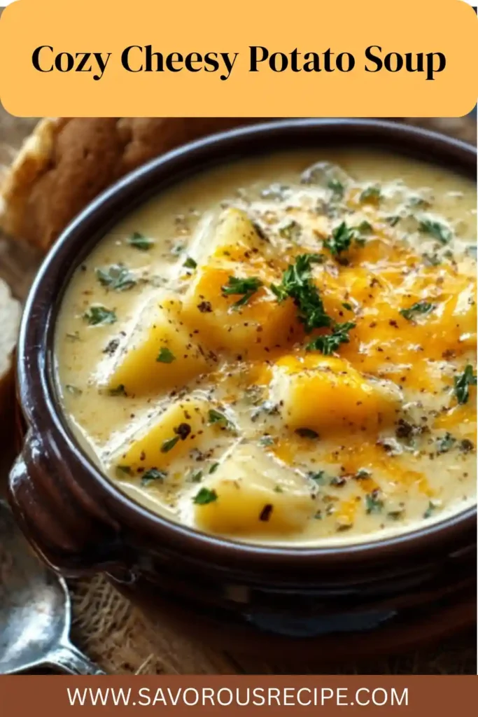 bowl of creamy cheesy potato soup topped with herbs and shredded cheddar