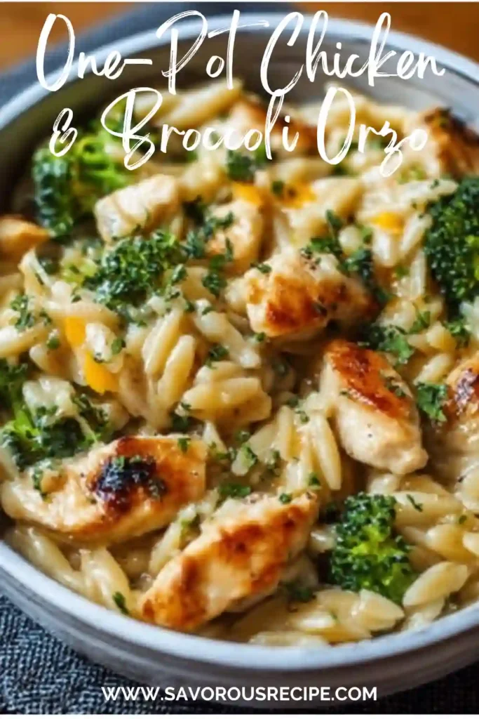 one-pot chicken and broccoli orzo in creamy sauce