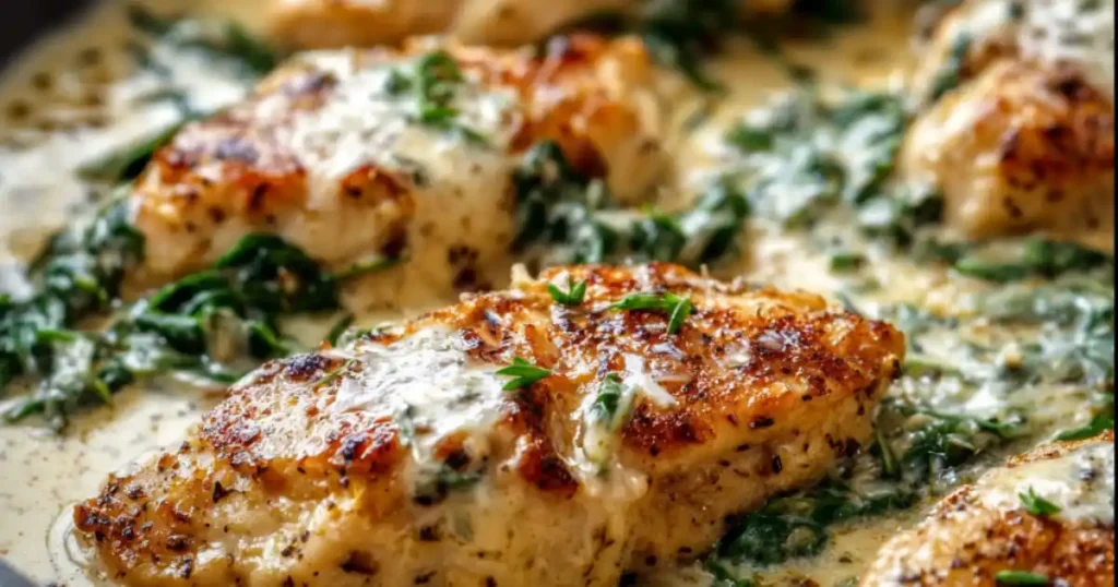 creamy chicken florentine with spinach and herbs in skillet