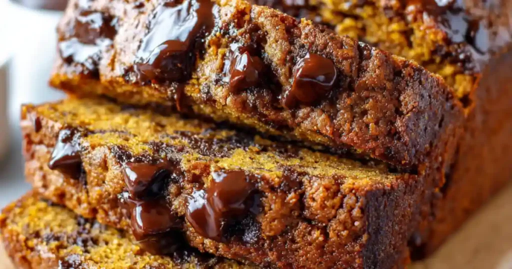 Close-up of moist pumpkin loaf with melty chocolate chips sliced