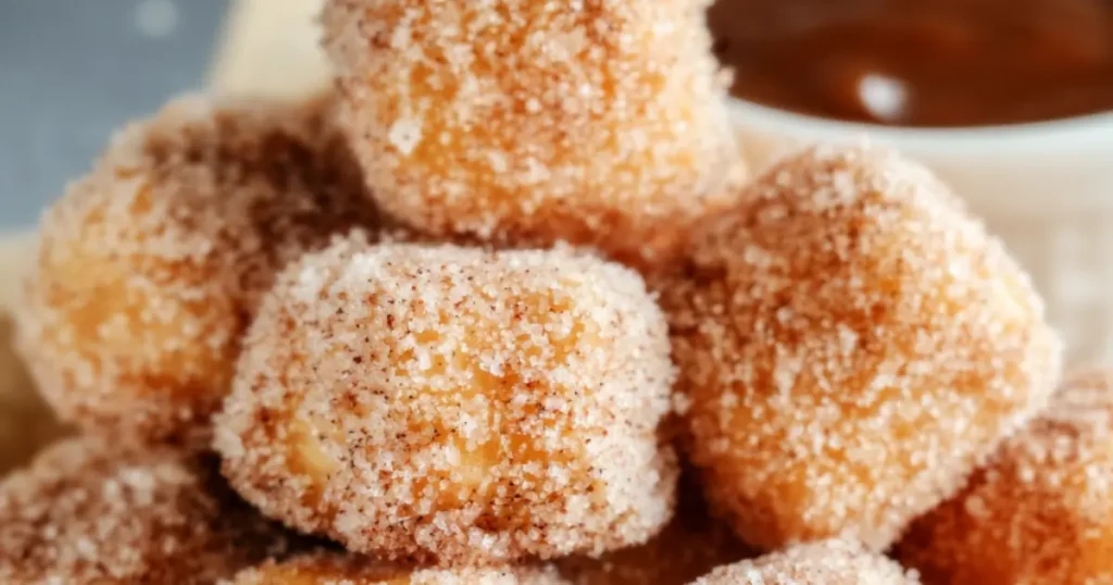 close-up of cinnamon sugar churro bites stacked with chocolate dipping sauce in the background