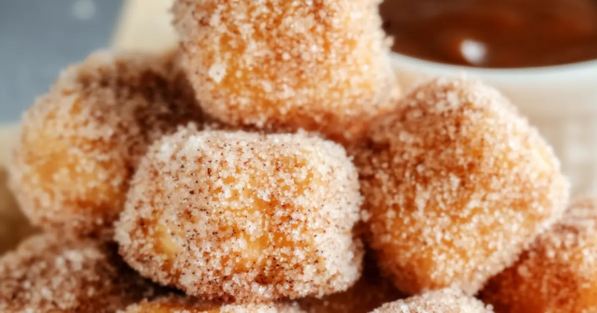 close-up of cinnamon sugar churro bites stacked with chocolate dipping sauce in the background