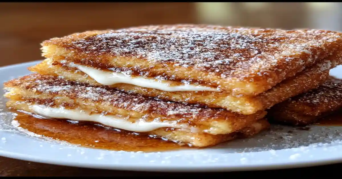 crispy churro-style French toast stacked with melted cream filling, dusted with cinnamon sugar and syrup