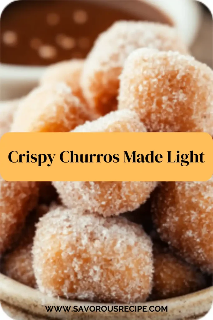sugar-coated mini churros stacked in a bowl with chocolate dip in background