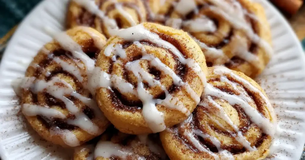 close-up of cinnamon roll cookies with vanilla icing on white plate