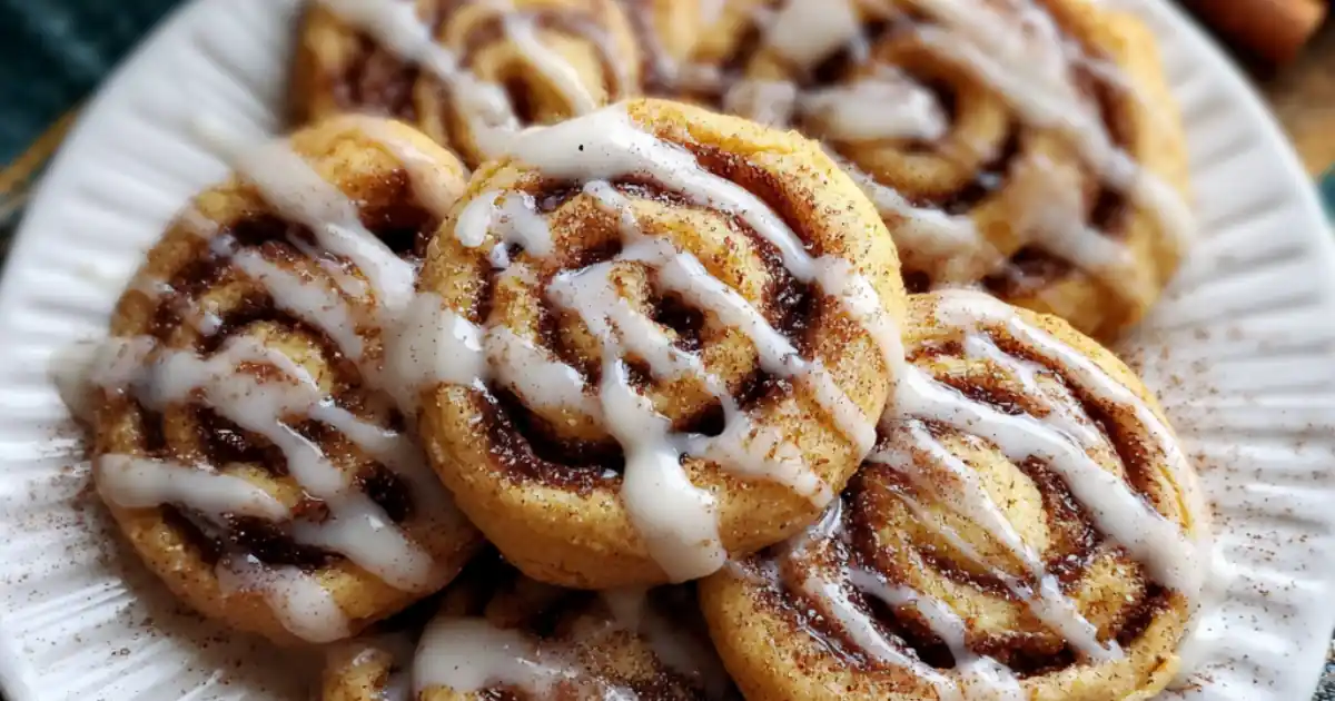 close-up of cinnamon roll cookies with vanilla icing on white plate