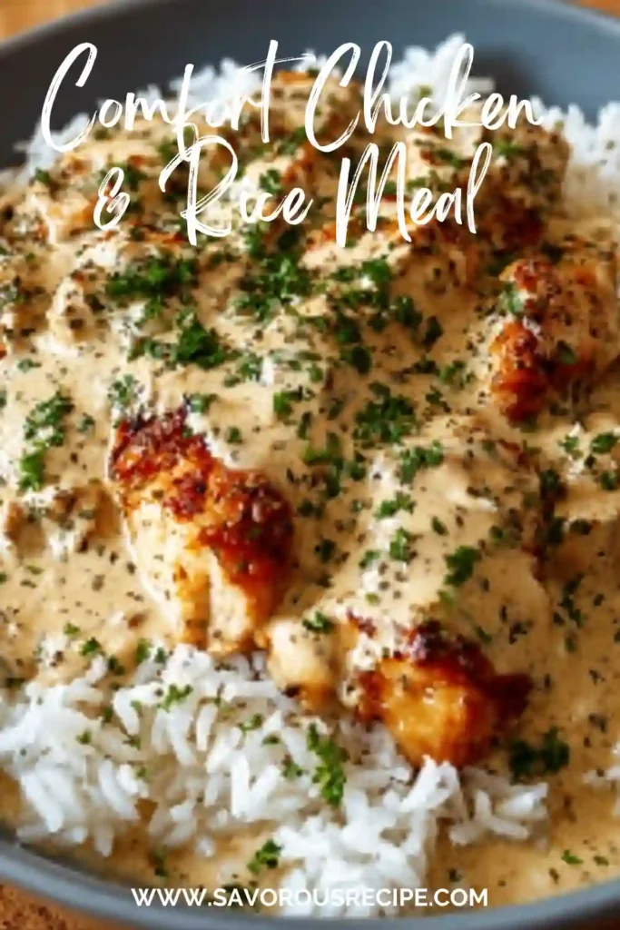 comfort chicken and rice meal with creamy sauce and herbs