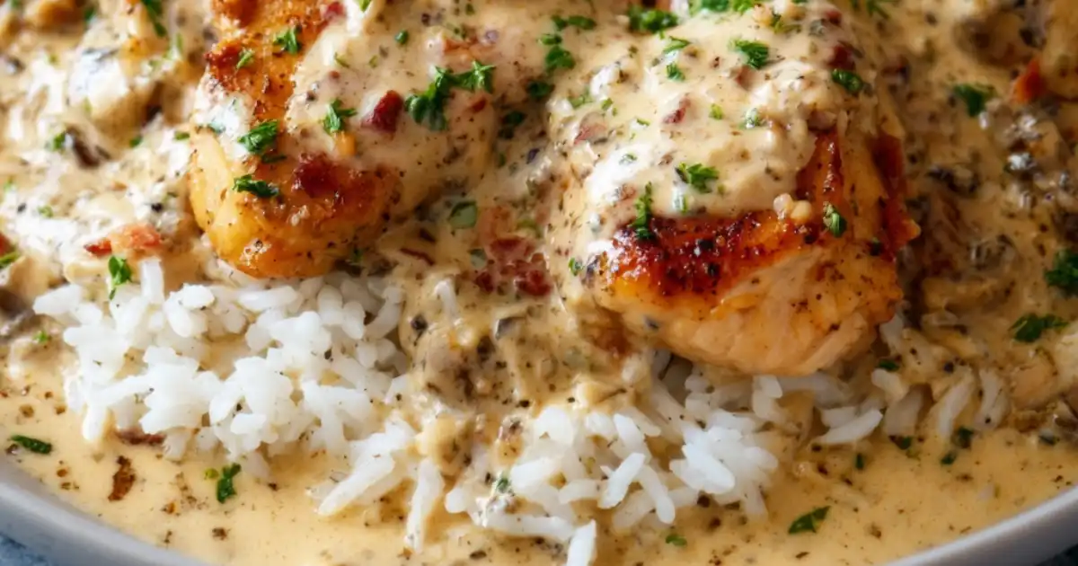 creamy chicken and rice with herbs in rich sauce