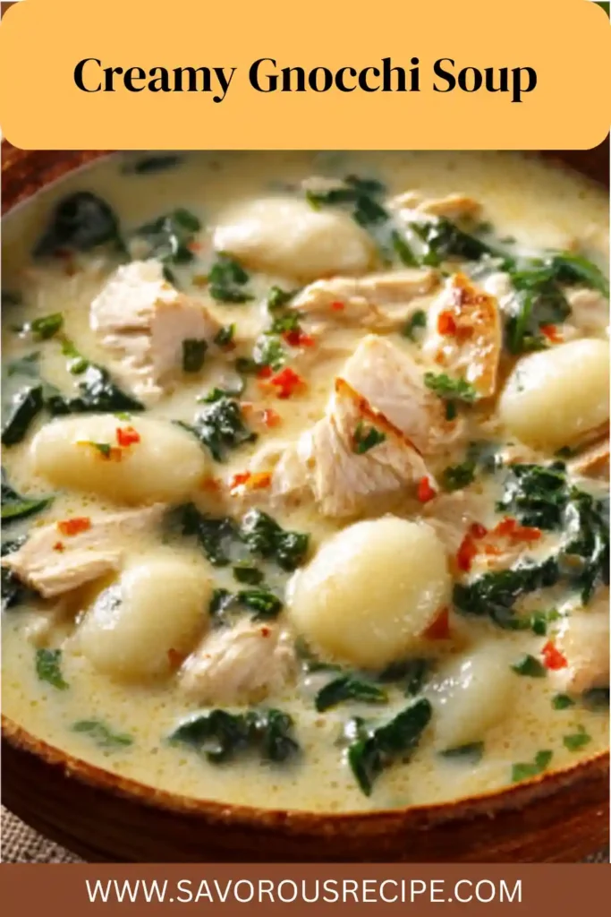 creamy gnocchi soup with chicken, spinach, and herbs in a rustic wooden bowl with text overlay