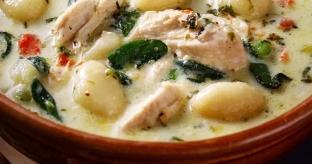 creamy chicken gnocchi soup with spinach, carrots, and tender chicken chunks
