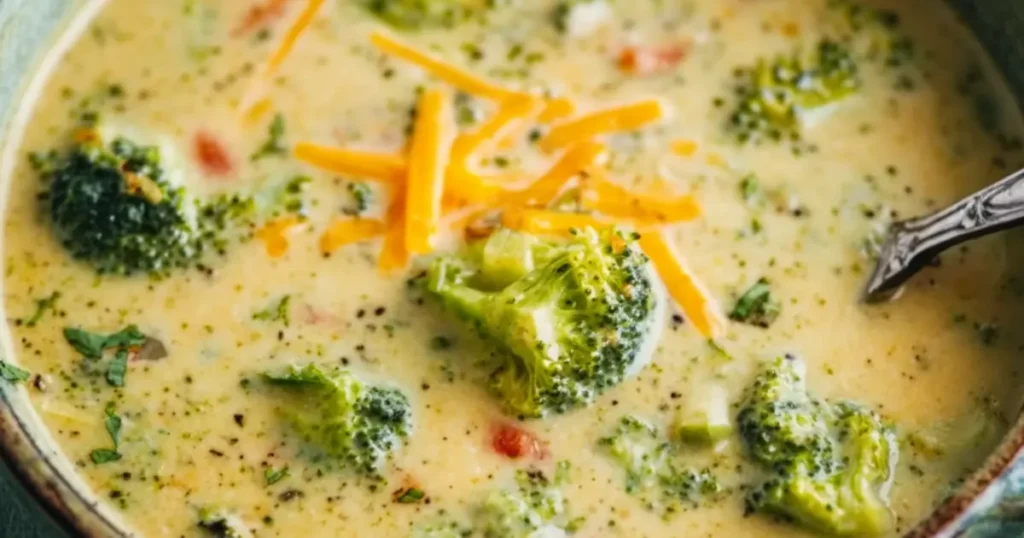 creamy gnocchi soup with broccoli, cheddar cheese, and herbs in a ceramic bowl