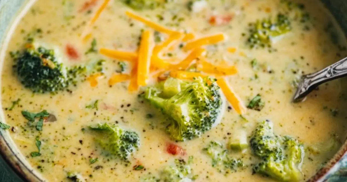creamy gnocchi soup with broccoli, cheddar cheese, and herbs in a ceramic bowl